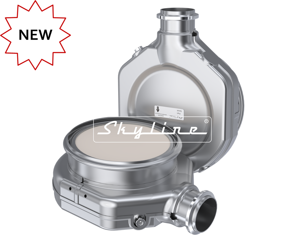 Computer rendering of a Skyline part number BJ0301 Aftermarket Diesel Oxidation Catalyst for Cummins B6.7 and L9 engines with a NEW label in the upper left corner